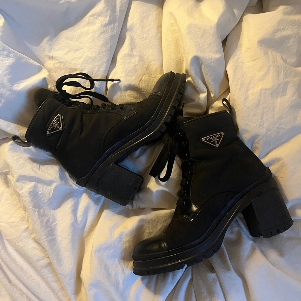 (38.5) Black Prada Brushed Leather and Re-Nylon Ankle Booties w/ OG Dust Bags
